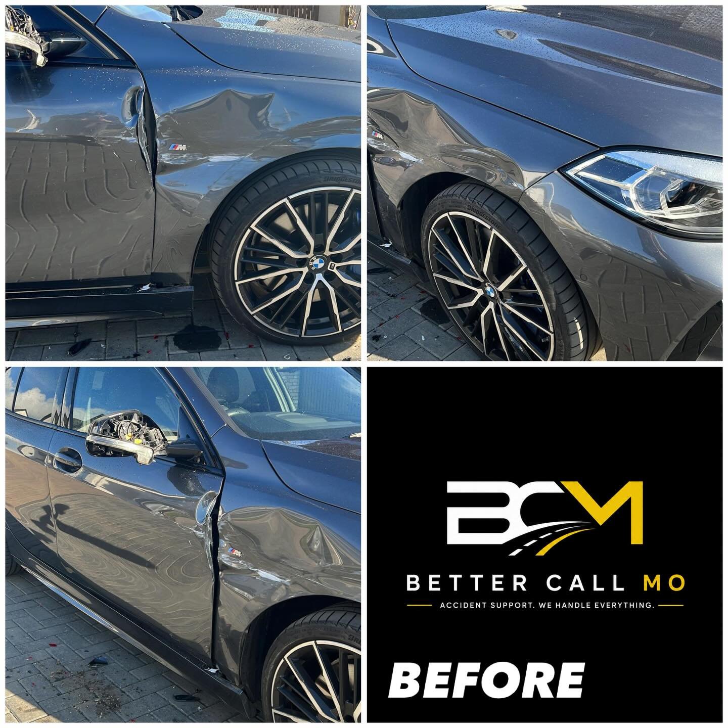 BCM Instagram collage showing a BMW 118i’s side and mirror damage before repair