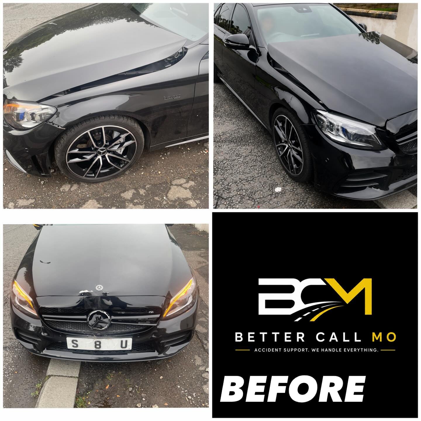 BCM Instagram collage showing a Mercedes C43 AMG’s front-end damage before repair